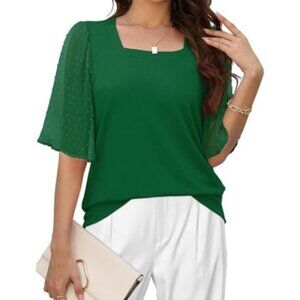 NWT! Green Square Neck Flutter Bell Sleeve Swiss Dot flowy Tunic Top PLUS